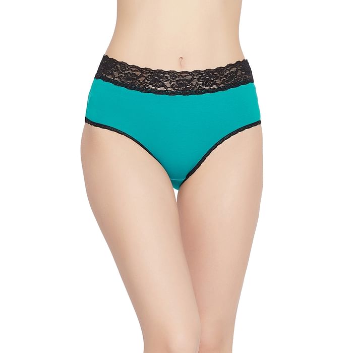 

Clovia Mid Waist Hipster Panty in Teal with Lace Waist - Cotton - PN3463D17, Dark green