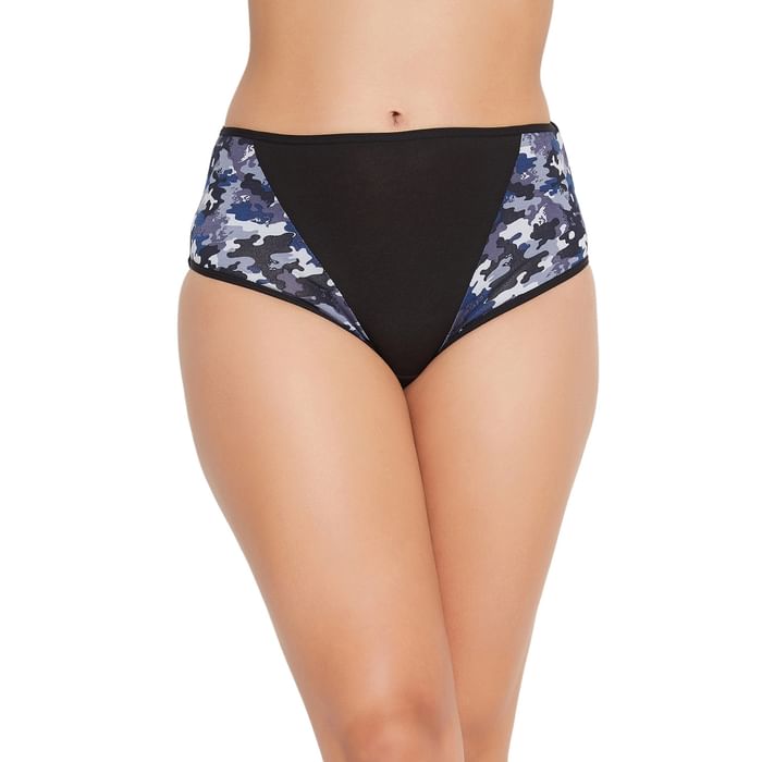 

Clovia Mid Waist Hipster Panty with Camouflage Print Panels in Black- Cotton - PN3426Z13