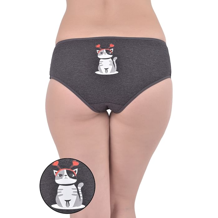 Clovia - Clovia Mid Waist Hipster Panty with Cat Print Back in Dark Grey – Cotton – PN3310Q05