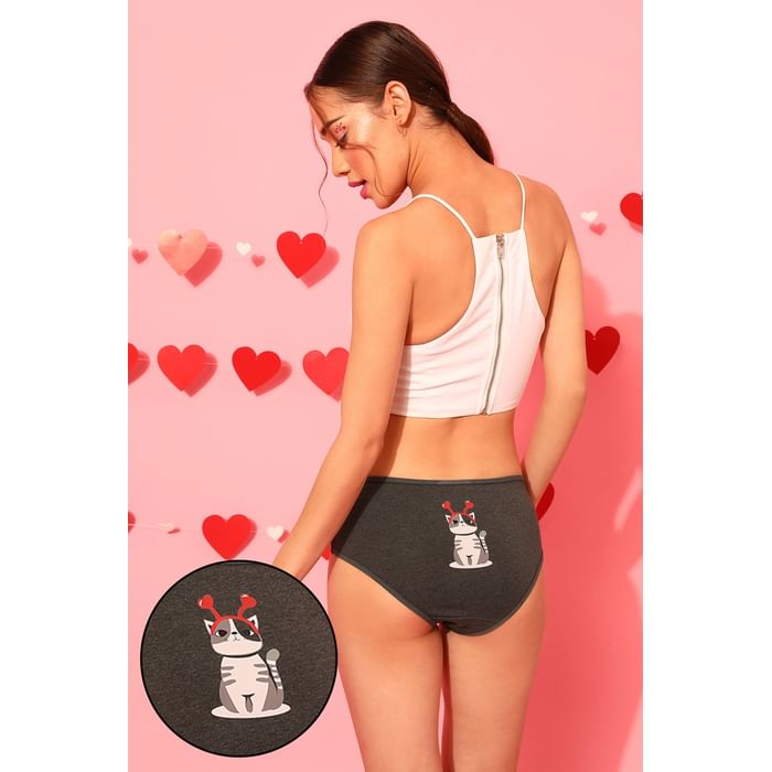 

Clovia Mid Waist Hipster Panty with Cat Print Back in Dark Grey - Cotton - PN3310Q05