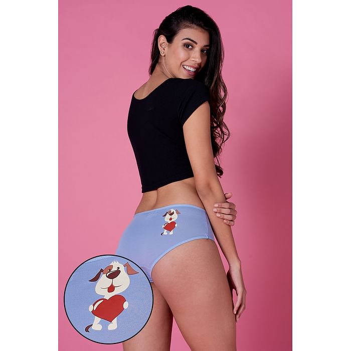 

Clovia Mid Waist Hipster Panty with Dog & Heart Print Back in Powder Blue - Cotton - PN3310Q03, Light blue