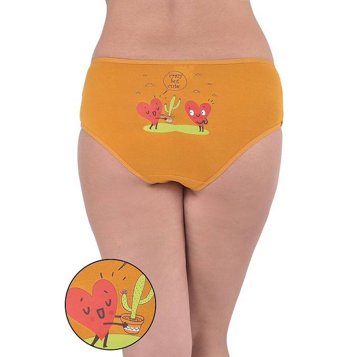 

Clovia Mid Waist Hipster Panty with Emoji & Text Back in Mustard - Cotton - PN3310D02, Light yellow