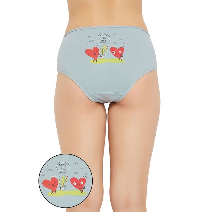 

Clovia Mid Waist Hipster Panty with Emoji & Text Print at Back in Light Blue - Cotton - PN3310V03