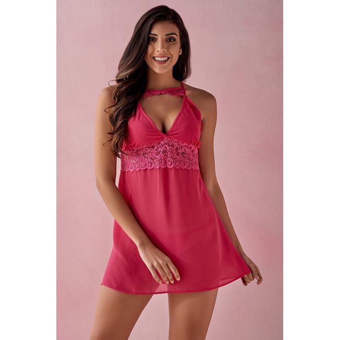 

Clovia Sheer Babydoll with Halter Neck in Hot Pink - Georgette & Lace - NS1299P14