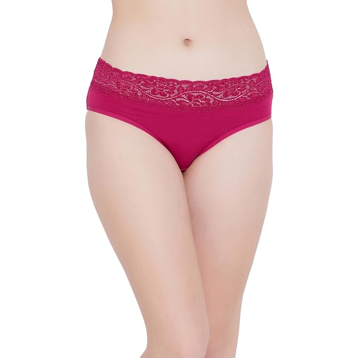 

Clovia Mid Waist Hipster Panty with Lace Waist in Dark Pink- Cotton & Lace - PN0795P14