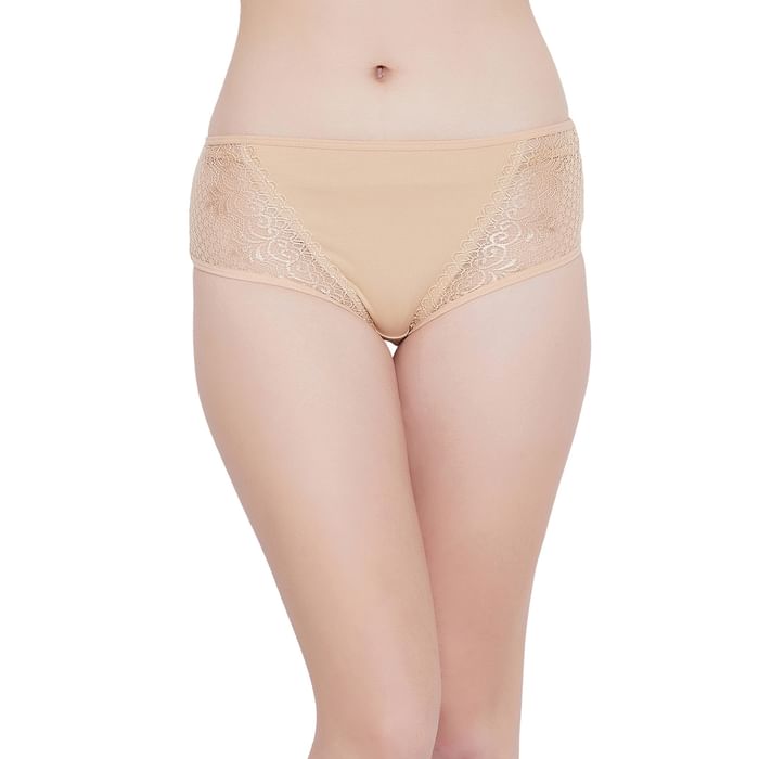 

Clovia Mid Waist Hipster Panty with Lace Panels in Beige - Cotton & Lace - PN2088P24, Nude-colour