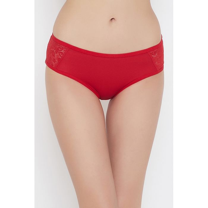 

Clovia Mid Waist Hipster Panty with Lace Panels in Orange - Cotton & Lace - PN3455P04, Red