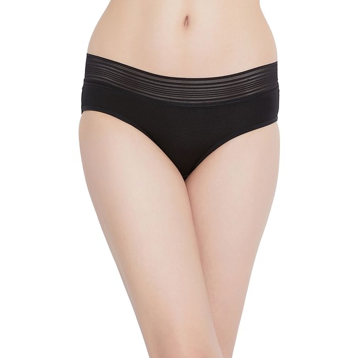 

Clovia Mid Waist Hipster Panty with Lace Waist in Black- Cotton & Lace - PN0795P13