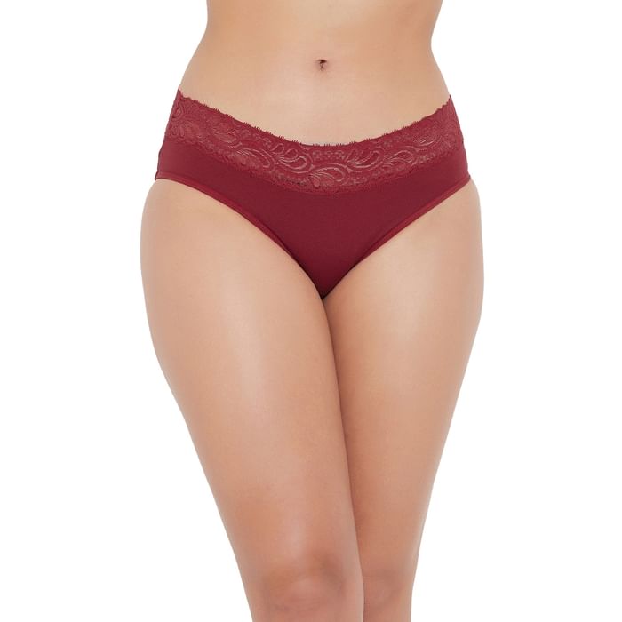 

Clovia Mid Waist Hipster Panty with Lace Waist in Maroon - Cotton - PN2383P09