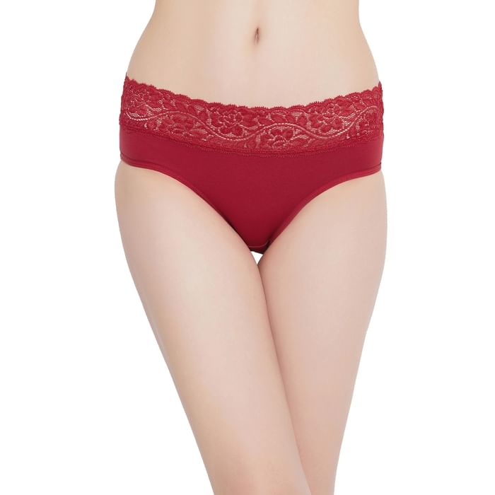 

Clovia Mid Waist Hipster Panty with Lace Waist in Red- Cotton & Lace - PN0795P04