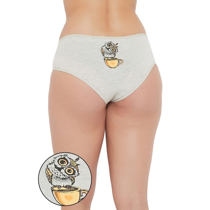 

Clovia Mid Waist Hipster Panty with Owl Print Back in Grey - Cotton - PN3297X01, Light grey
