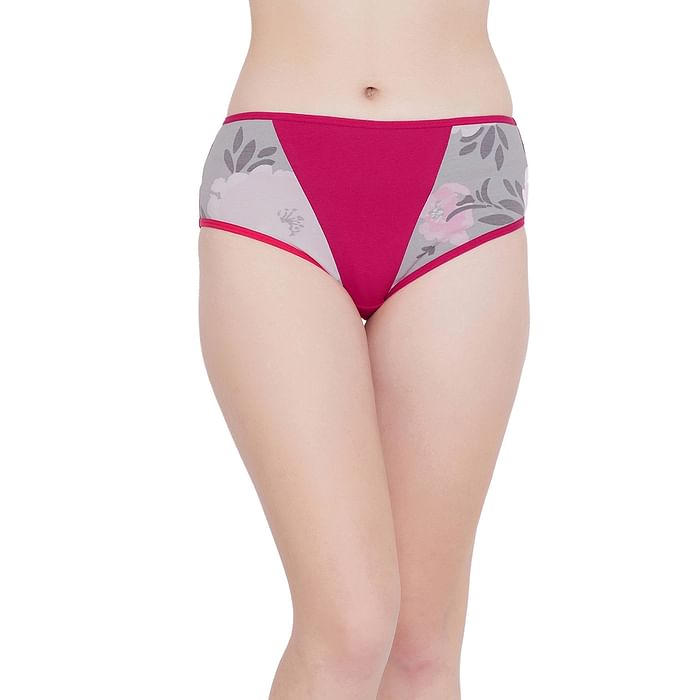 

Clovia Mid Waist Hipster Panty with Printed Panels in Dark Pink- Cotton - PN3426U14