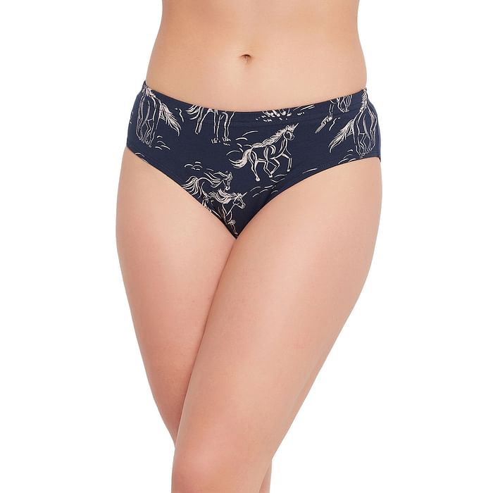 

Clovia Mid Waist Horse Print Hipster Panty in Navy with Inner Elastic - Cotton - PN3227A08