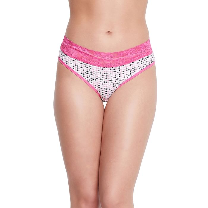 

Clovia Mid Waist Houndstooth Print Hipster Panty in White with Lace Waist - Cotton - PN3260T22, Light pink