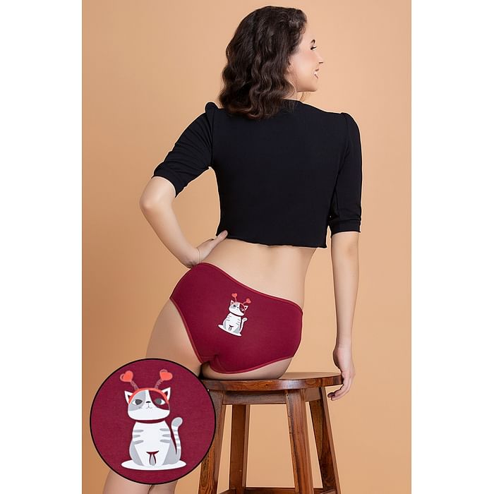 

Clovia Mid Waist Kitty Print Hipster Panty in Maroon - Cotton - PN3310W04, Red