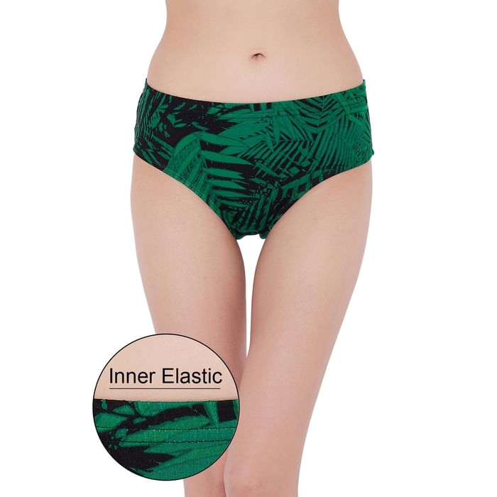

Clovia Mid Waist Leaf Print Hipster Panty in Dark Green with Inner Elastic - Cotton - PN3227A17
