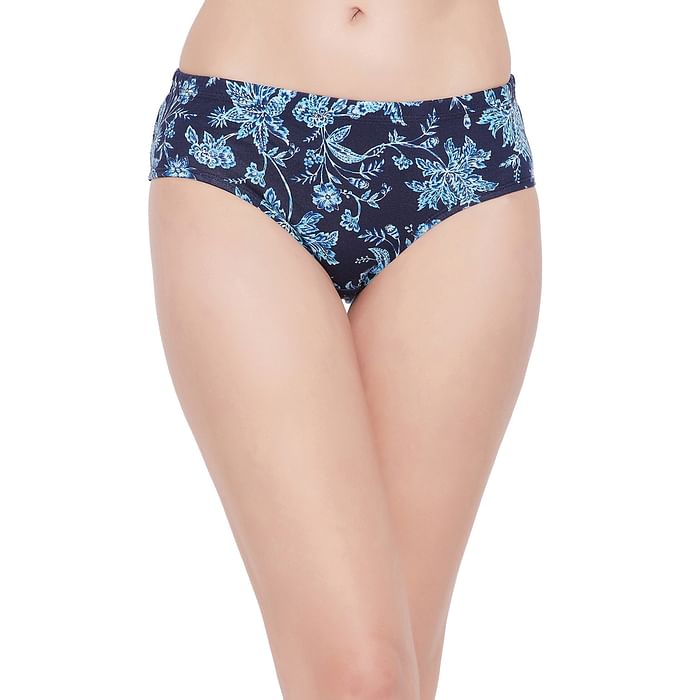 

Clovia Mid Waist Leaf Print Hipster Panty in Navy with Inner Elastic - 100% Cotton - PN2488H08