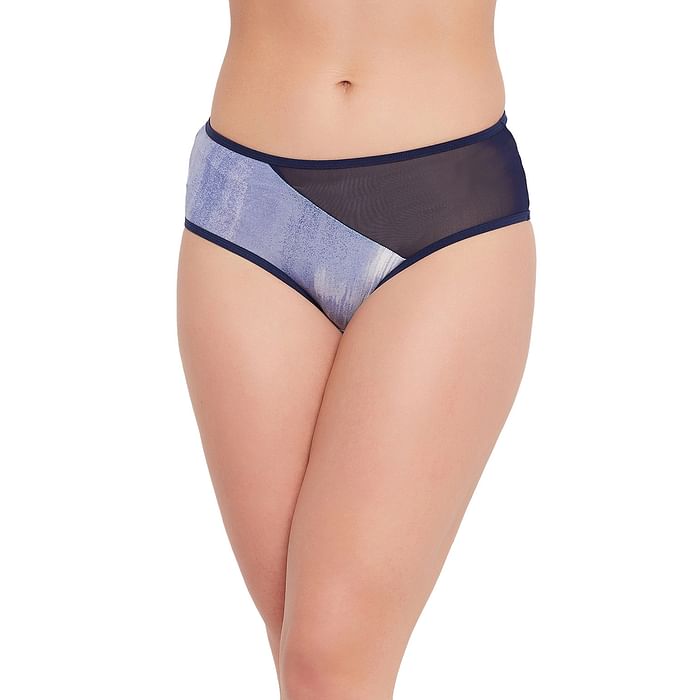 

Clovia Mid Waist Marble Print Hipster Panty in Blue with Mesh Panel - PN3291C08, Navy