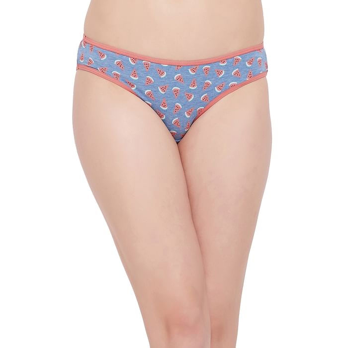 

Clovia Mid Waist Melon Print Bikini Panty in Powder Blue - Cotton - PN3465M03, Light blue