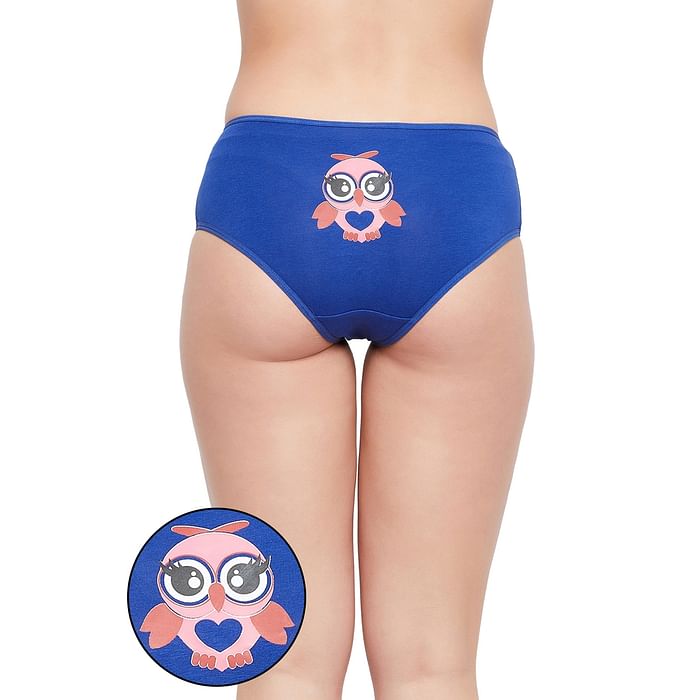 

Clovia Mid Waist Owl Print Hipster Panty in Royal Blue - Cotton - PN3297A08, Navy