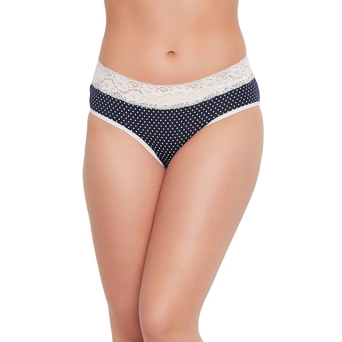 

Clovia Mid Waist Poka Dot Print Hipster Panty in Navy with Lace Waist - Cotton - PN3278D08