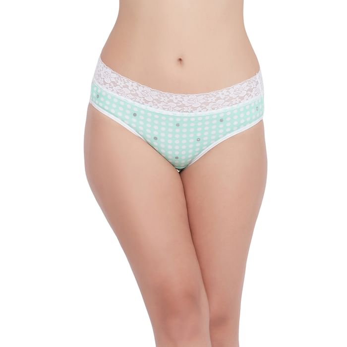 

Clovia Mid Waist Polka Dot Hipster Panty in Mint Green with Lace Waist - Cotton - PN3278A11, Light green