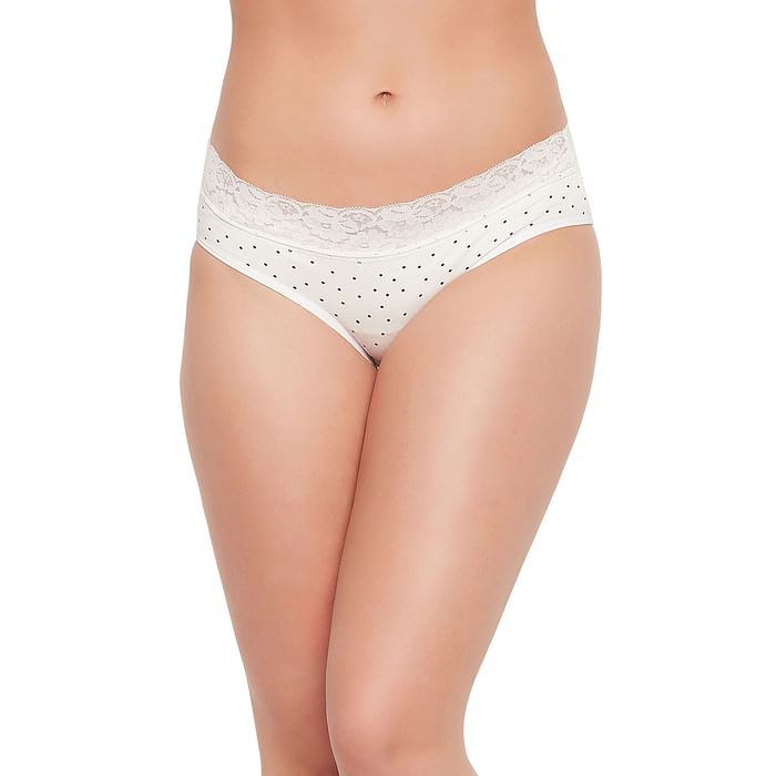 

Clovia Mid Waist Polka Dot Hipster Panty in White with Lace Waist - Cotton - PN3278A18