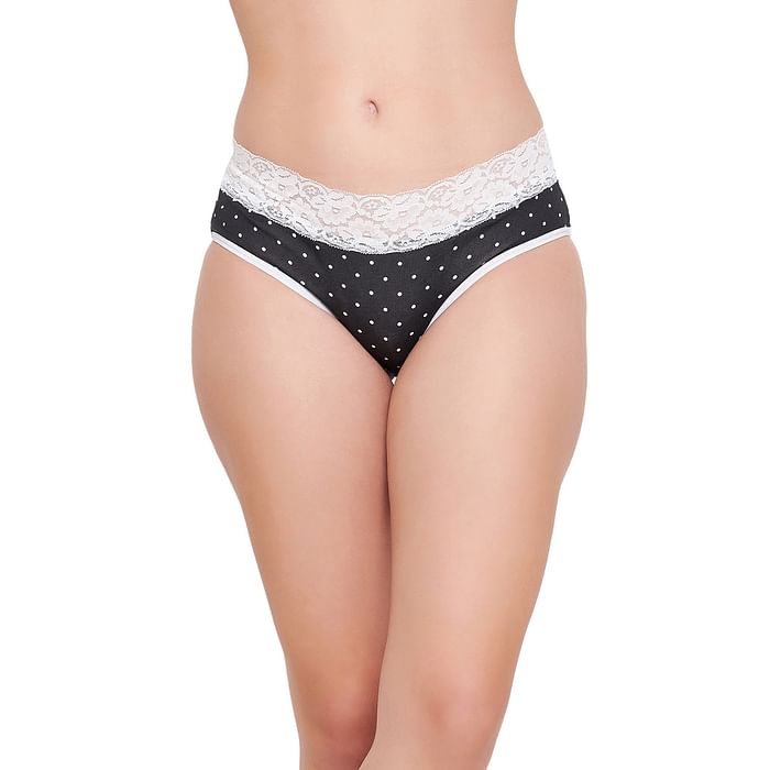 

Clovia Mid Waist Polka Dot Print Hipster Panty in Black with Lace Waist - Cotton - PN3278E13