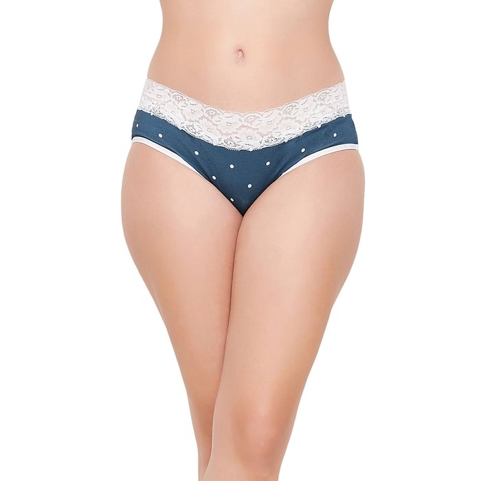 

Clovia Mid Waist Polka Dot Print Hipster Panty in Navy with Lace Waist - Cotton - PN3278E08