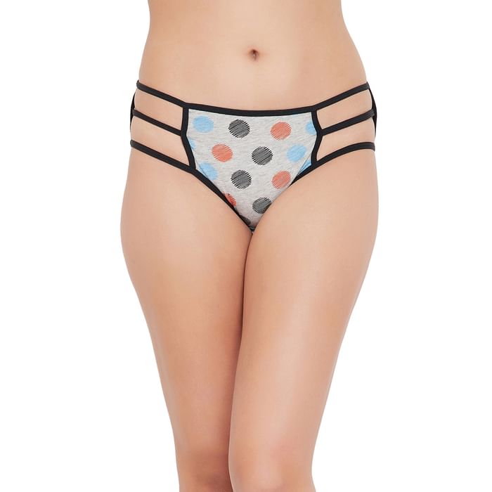 

Clovia Mid Waist Polka Print Hipster Panty in Grey with Cage Sides - Cotton - PN3236M01, Light grey