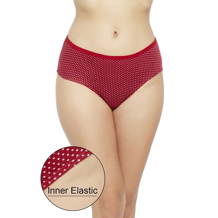 

Clovia Mid Waist Polka Print Hipster Panty in Maroon with Inner Elastic - Cotton - PN3464P04, Red