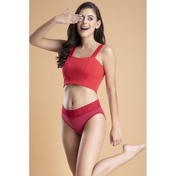

Clovia Mid Waist Polka Print Hipster Panty in Red with Lace Waist - Cotton - PN3260H04
