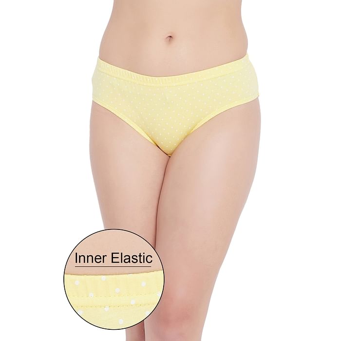 

Clovia Mid Waist Polka Print Hipster Panty in Yellow with Inner Elastic - Cotton - PN2855Q02, Light yellow