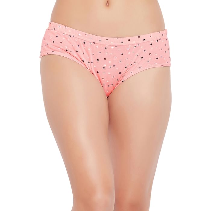 

Clovia Mid Waist Printed Hipster Panty in Baby Pink with Inner Elastic - 100% Cotton - PN3227G22, Light pink