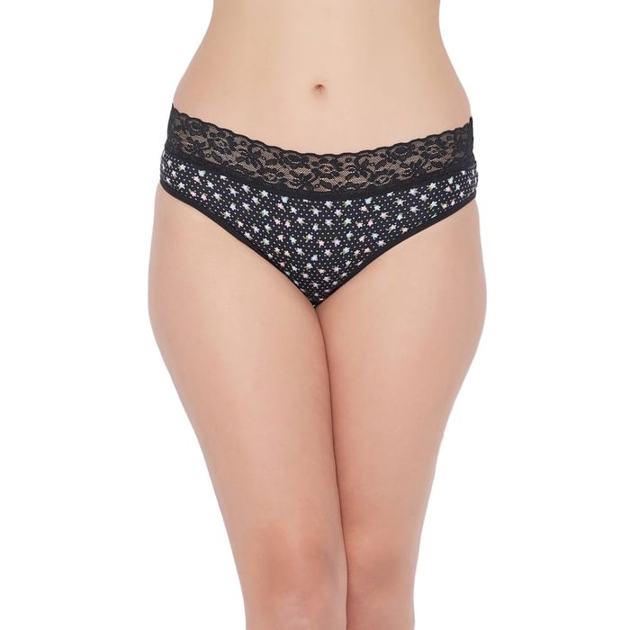 

Clovia Mid Waist Printed Hipster Panty in Black with Lace Waist - Cotton - PN3278J13