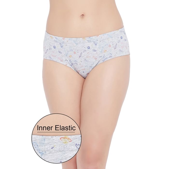 

Clovia Mid Waist Printed Hipster Panty in Melange Grey with Inner Elastic - Cotton - PN2855J01, Light grey