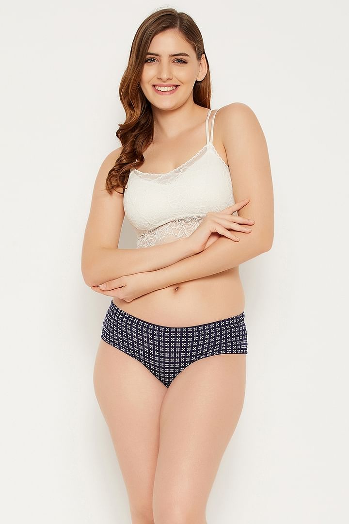 Buy Mid Waist Printed Hipster Panty in Navy with Inner Elastic