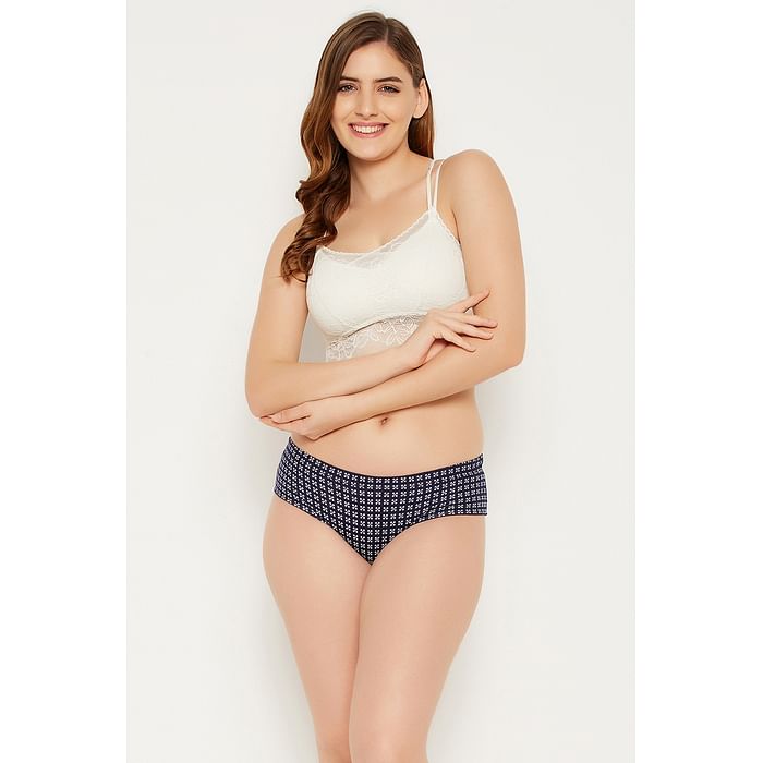 

Clovia Mid Waist Printed Hipster Panty in Navy with Inner Elastic - 100% Cotton - PN3227K08