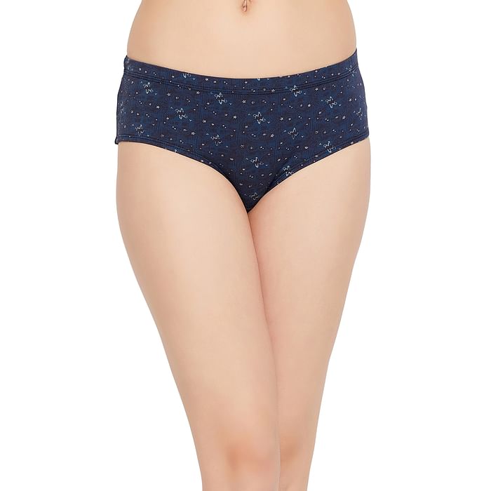 

Clovia Mid Waist Printed Hipster Panty in Navy with Inner Elastic - Cotton - PN2378F08