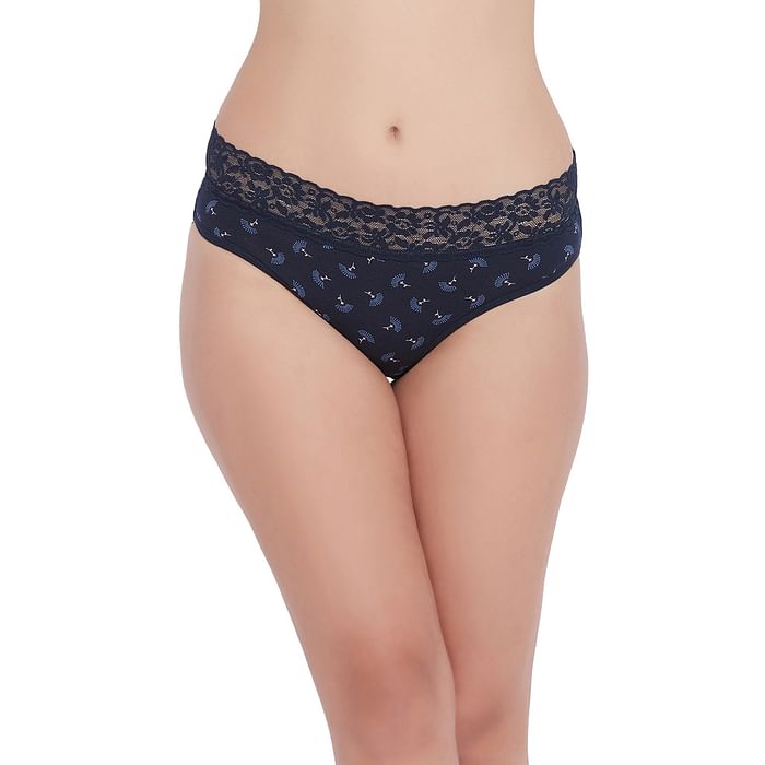 

Clovia Mid Waist Printed Hipster Panty in Navy with Lace Waist - Cotton - PN3278Z08