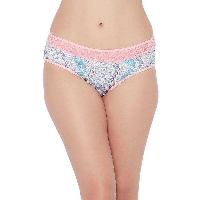 

Clovia Mid Waist Printed Hipster Panty in Blue with Lace Waist - PN3482B16, Orange