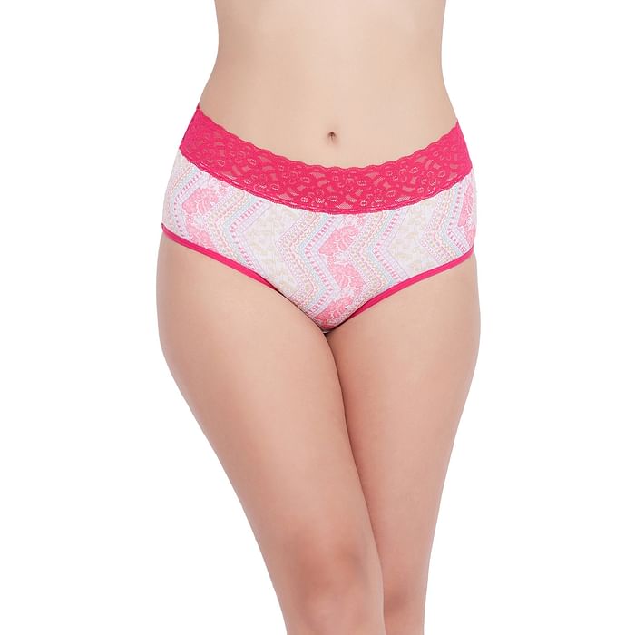 

Clovia Mid Waist Printed Hipster Panty in Pink with Lace Waist - PN3483A14