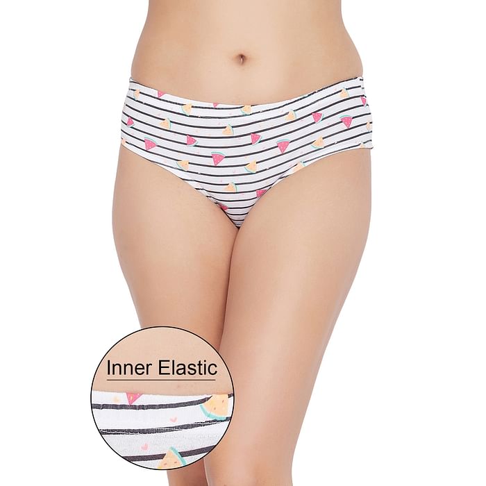 

Clovia Mid Waist Printed Hipster Panty in White with Inner Elastic - Cotton - PN2855H19, Multicolour