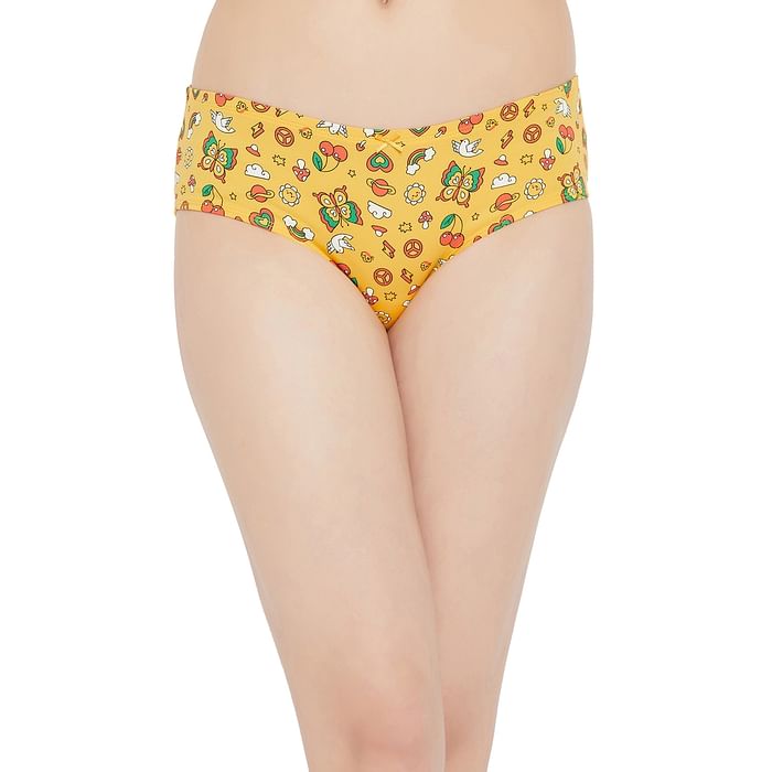 

Clovia Mid Waist Printed Hipster Panty in Yellow with Inner Elastic - Cotton - PN3514P07, Mustard