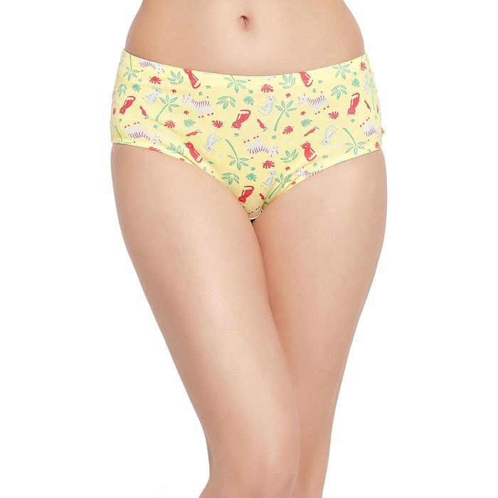 

Clovia Mid Waist Printed Hipster Panty in Yellow with Inner Elastic - Cotton - PN2855U02, Light yellow