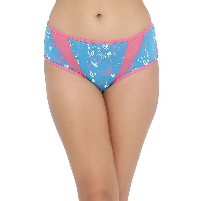 

Clovia Mid Waist Printed Hipster Panty with Mesh Panels in Blue - Cotton - PN2670S03, Light blue