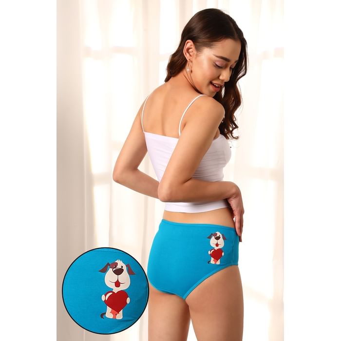 

Clovia Mid Waist Puppy Print Hipster Panty in Turquoise Blue - Cotton - PN3310D03, Light blue