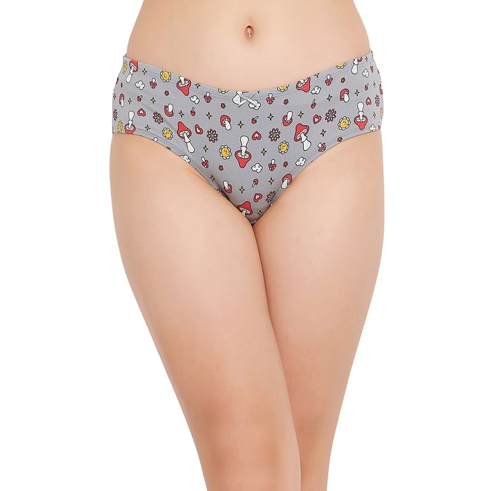 

Clovia Mid Waist Printed Hipster Panty in Grey with Inner Elastic - Cotton - PN3514A01, Light grey
