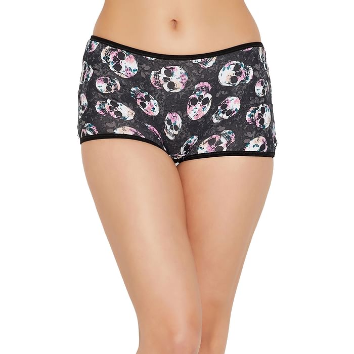 

Clovia Mid Waist Skull Print Boyshorts in Dark Grey - Cotton - PN2260C05