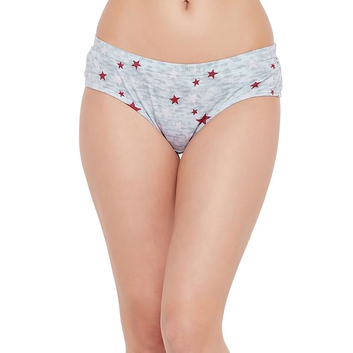 

Clovia Mid Waist Star Print Hipster Panty in Grey Melange with Inner Elastic - 100% Cotton - PN2855C01, Light grey